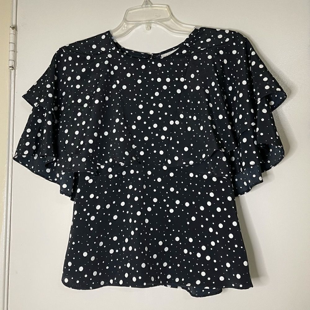 Topshop flutter sleeve black polka dot blouse top